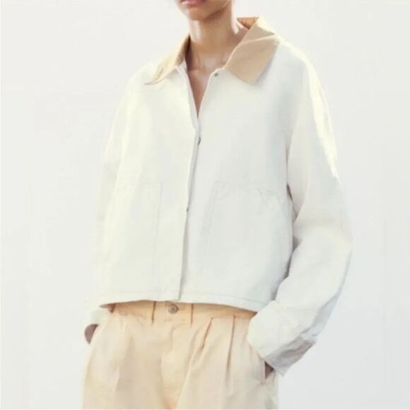 Zara Jackets & Blazers - Zara Womens Waxed Jacket Size L White Contrast Collar Utility 4341/750 NWD